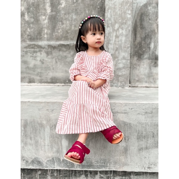 Yobebee Savina Long Dress Anak Perempuan Usia 2 3 4 6 7 Tahun Baju Gamis Anak Gaun Babydoll Korea Daster Kids Motif Stripe Garis Salur Katun Lembut Model Baju Casual Muslim Ngaji Anak Cewek