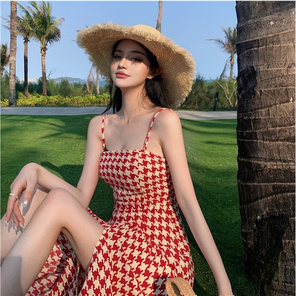 midi dress korea tanpa lengan suspender dress open back houndstooth high waist slit long swing skirt