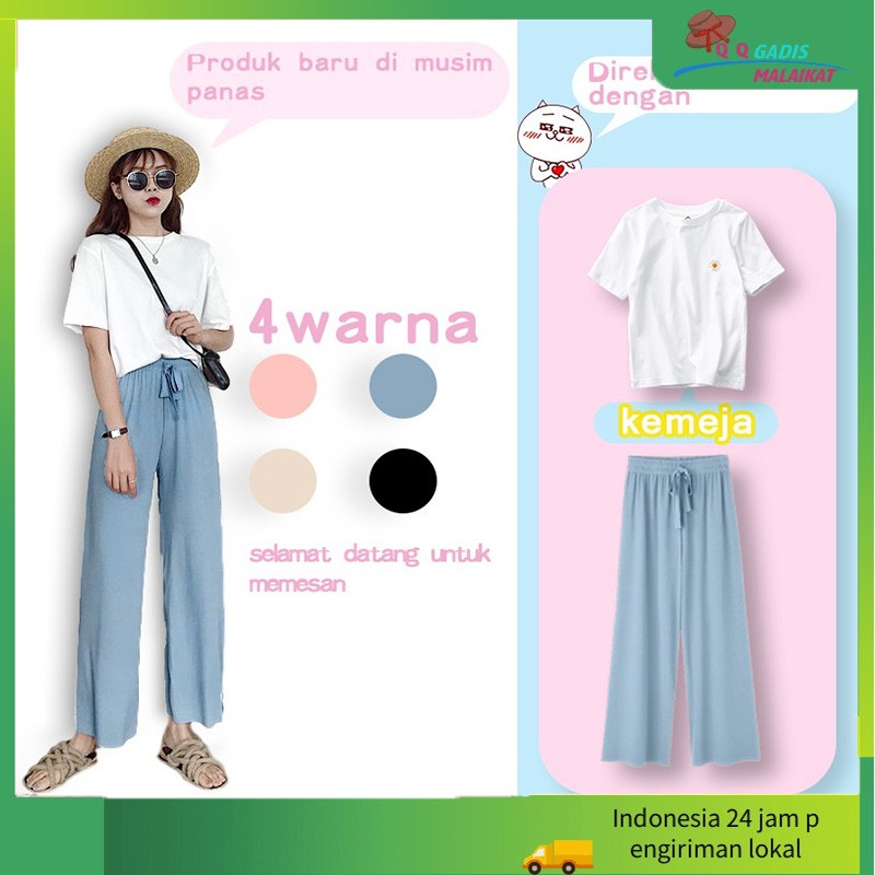 Celana Longgar Lebar Kaki Gaya Korea Wanita Menggantungkan Pinggang Tinggi Lurus Dan Tipis pants