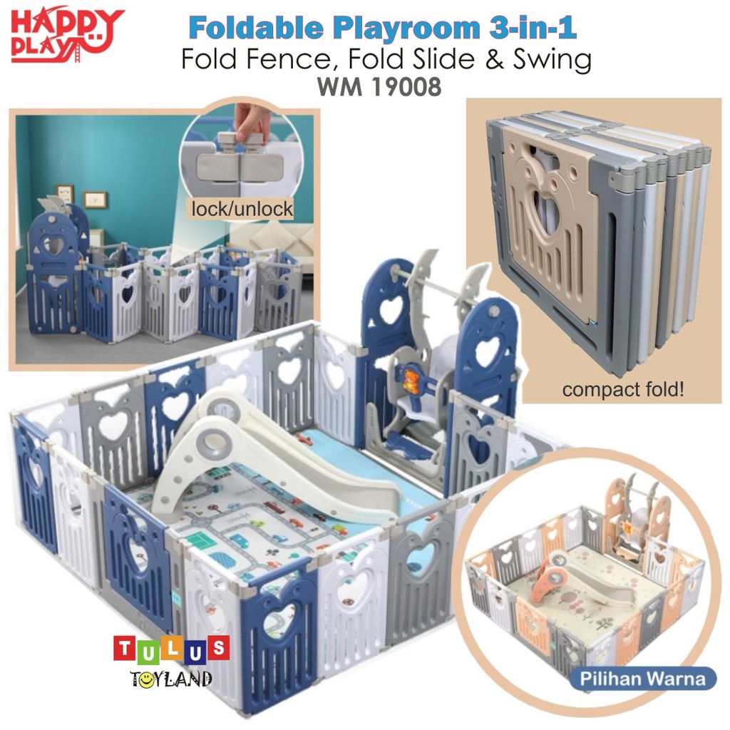 Pagar Perosotan Happy Play Foldable Playroom 3 in 1 Fold Fence Slide Swing WM 19008 Pagar Bayi 3in1