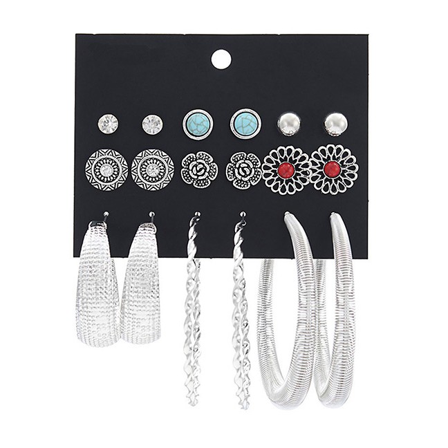 LRC Perhiasan Set Fashion Silver Color Flower Shape Decorated Earrings Sets(9 Pairs)