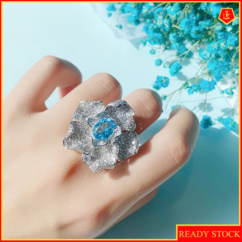 [Ready Stock]Luxury Full Diamond Sapphire Topaz Flower Ring