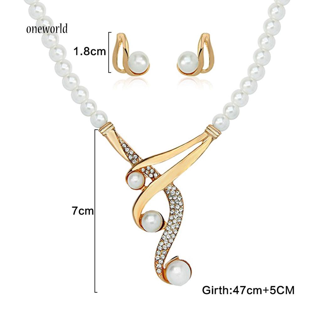 OW✪Hook Shape Pendant Faux Pearl Beaded Necklace Earrings Bridal Party Jewelry Set