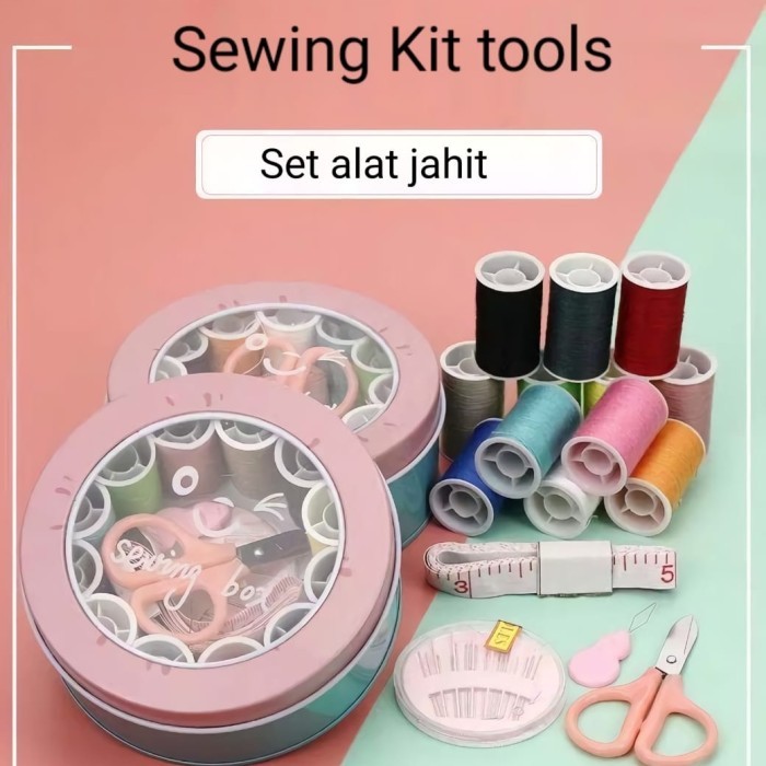 Set alat jahit mini kotak besi bulat dilengkapi dengan 12 warna benang set/ Mini Sewing tool kits