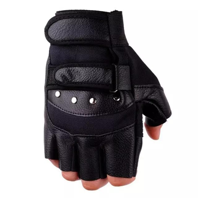 Sarung Tangan Motor Semi Kulit Knucle besi Unisex Half Finger dengan 2 Strap - W-S03