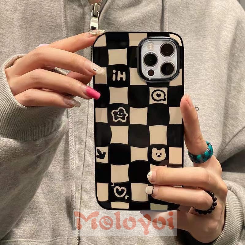 Soft Case Tpu Motif Kotak-Kotak Hitam Putih Untuk iPhone 11 13 12 Pro Max XR X 7 8 Plus Xs Max SE 2020