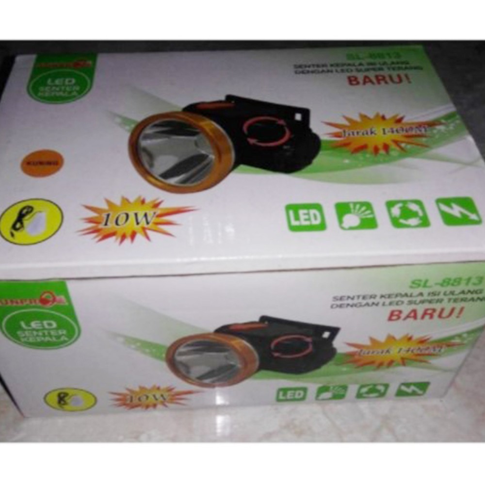 Senter Kepala Sunpro SL-8813 Kuning Headlamp 10 Watt Charger bonus Lampu