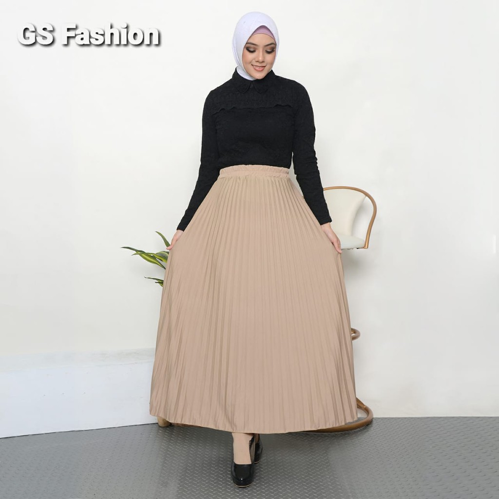 GS-ROK PLISKET PREMIUM /ROK PANJANG MUSLIM/ ROK MAYUNG BAHAN HYGET PREMIUM GRADE A-CREAM