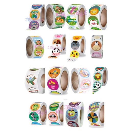 

KiSy.Shop 50pcs Sticker Round Roll Reward karakter hewan kendaraan kartun Label round stiker bulat lucu gambar tempel sticker roll nilai penilaian anak