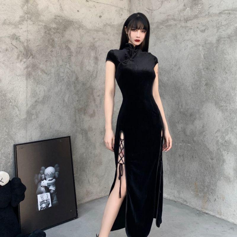 [Goth] Cheongsam Velvet Bodycon Sexy Long Dress 8471 (S/M/L)