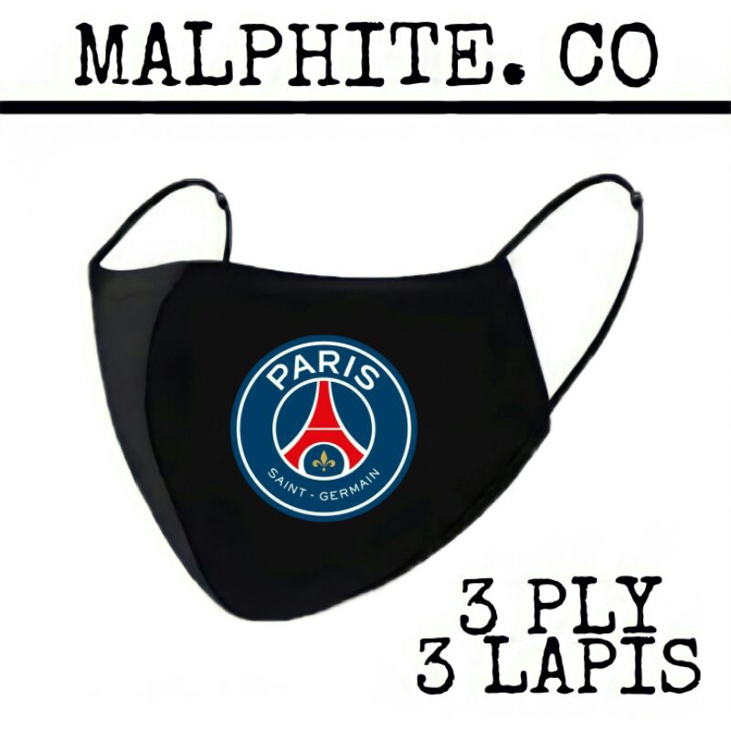Masker Kain 3 Lapis 3 Ply Scuba Hijab Motif Logo Gambar Klub Club Bola PSG Paris Saint Germain 3ply