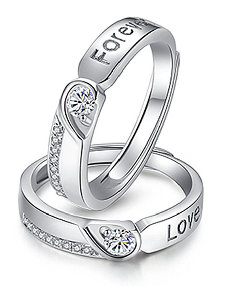 2pcs Cincin Zircon Silver Plated Desain Hati Forever Gaya Klasik Untuk Pria Dan Wanita