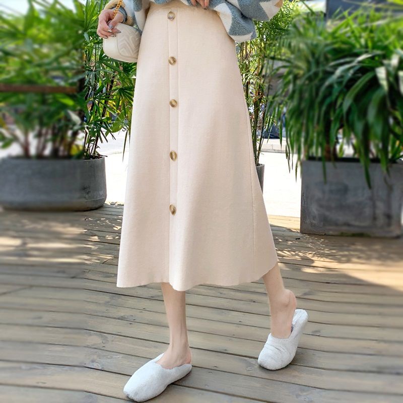 Rok Rajut Korean Style Pencil Skirt Rok Kantor Rok Panjang/Putih Rok Panjang Payung-（buttons）APRIKOT