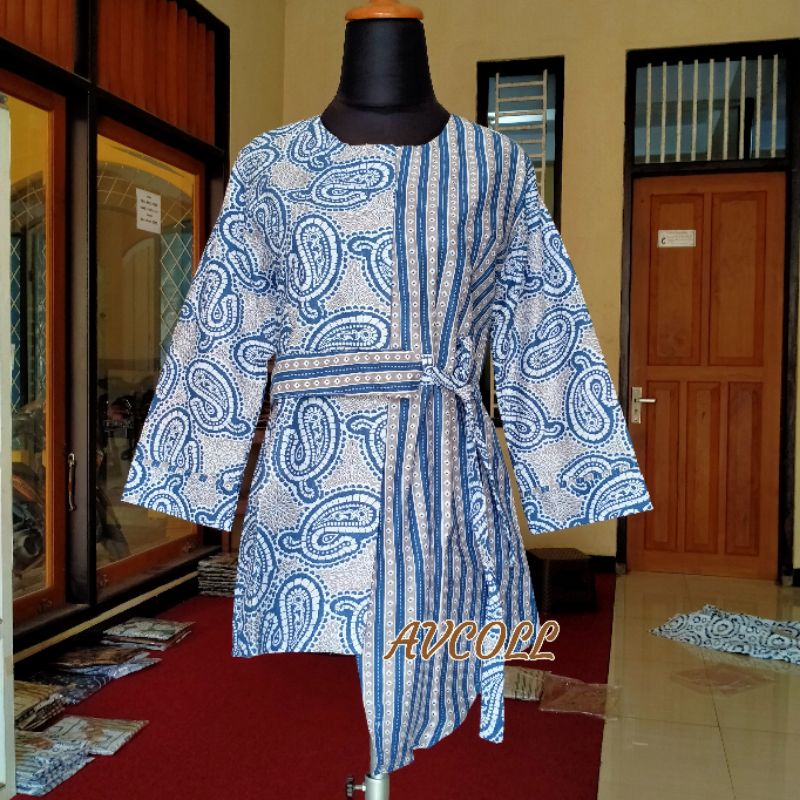tey-17 Batik wanita ASJ SA HRB026 Kenongo Kemeja Tosca Pendek-Keong Biru