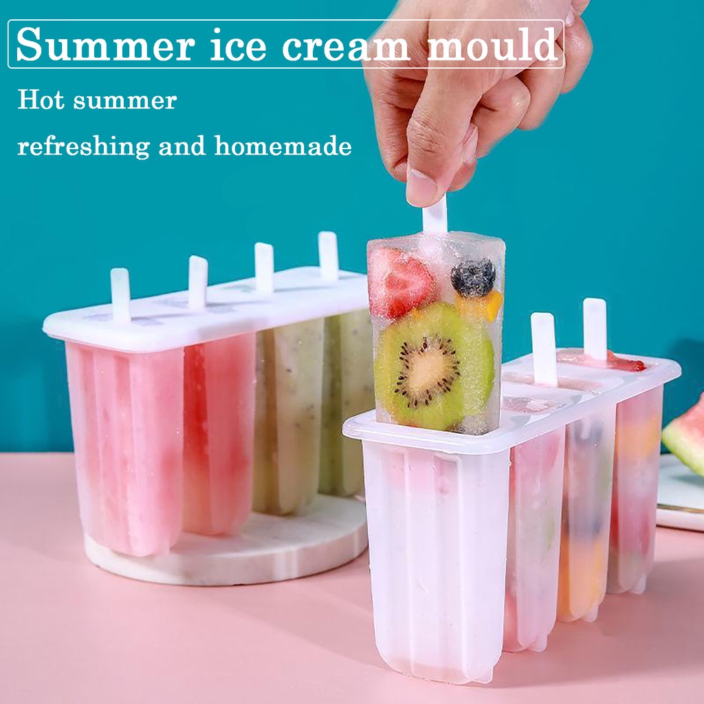 1 Set 4 Cells Plastic Frozen Popsicles Mold /Creative DIY Cute Popsicle Maker/Homemade Summer Ice Cream Molds With Cute Sticks / Homemade DIY Kids Tools