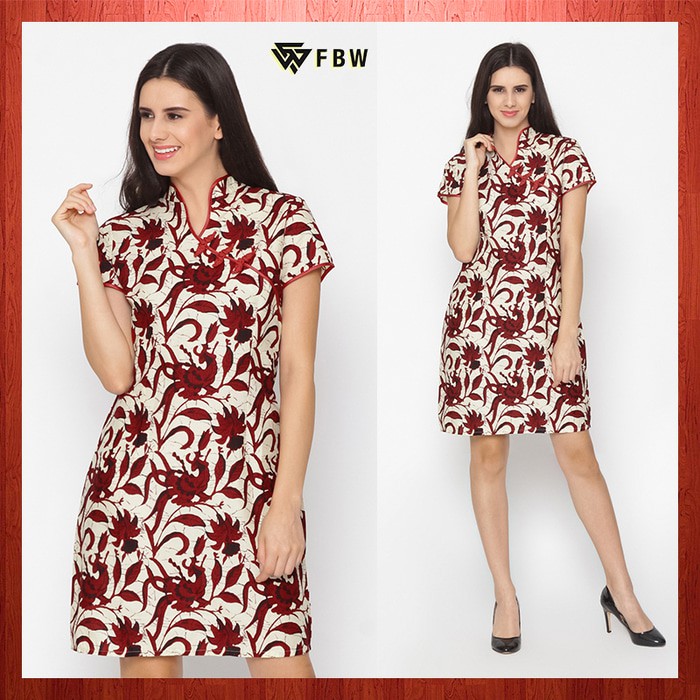 Promo Dress Batik Imlek   FBW Shanghai Cheongsam Batik Dress   Putih Biru  M Diskon