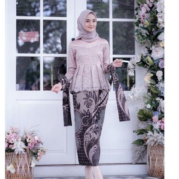 Set Kebaya Asyifa - Kebaya Modern Kebaya Couple Tunangan Lamaran Baju Wisuda Batik Brukat Terbaru-Kebaya +Rok (Rose)