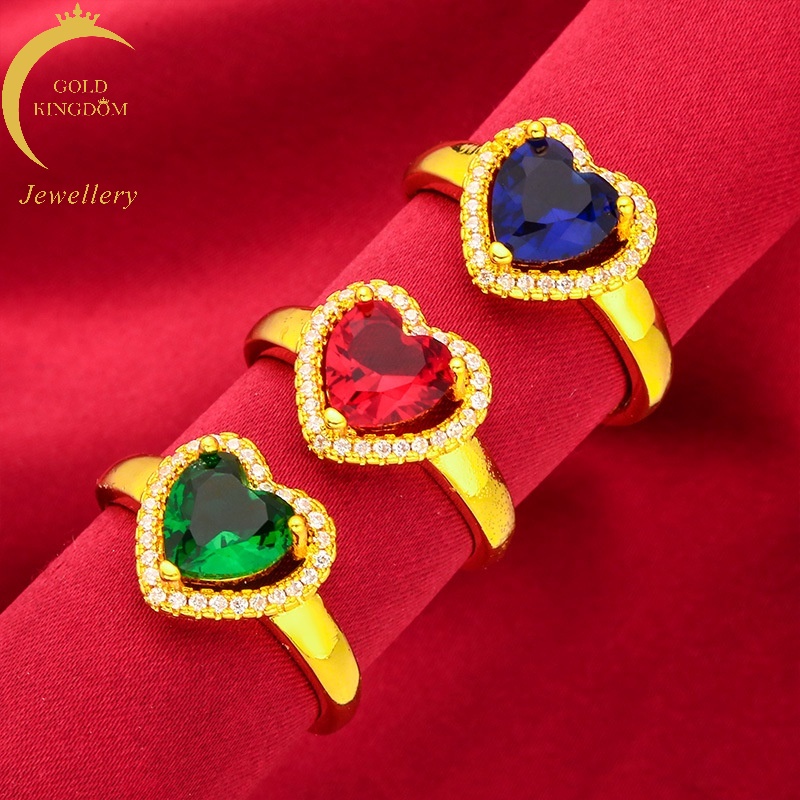 Cincin Model Terbuka Lapis Emas Emas Asli Kadar 375 Desain Hati Ruby Emerald Biru Dapat Disesuaikan Untuk Wanita