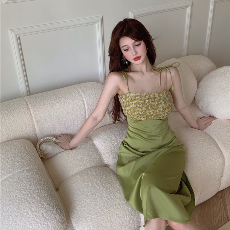 gaun midi korea gaun suspender bunga kecil peri perancis high-end mid-length rok