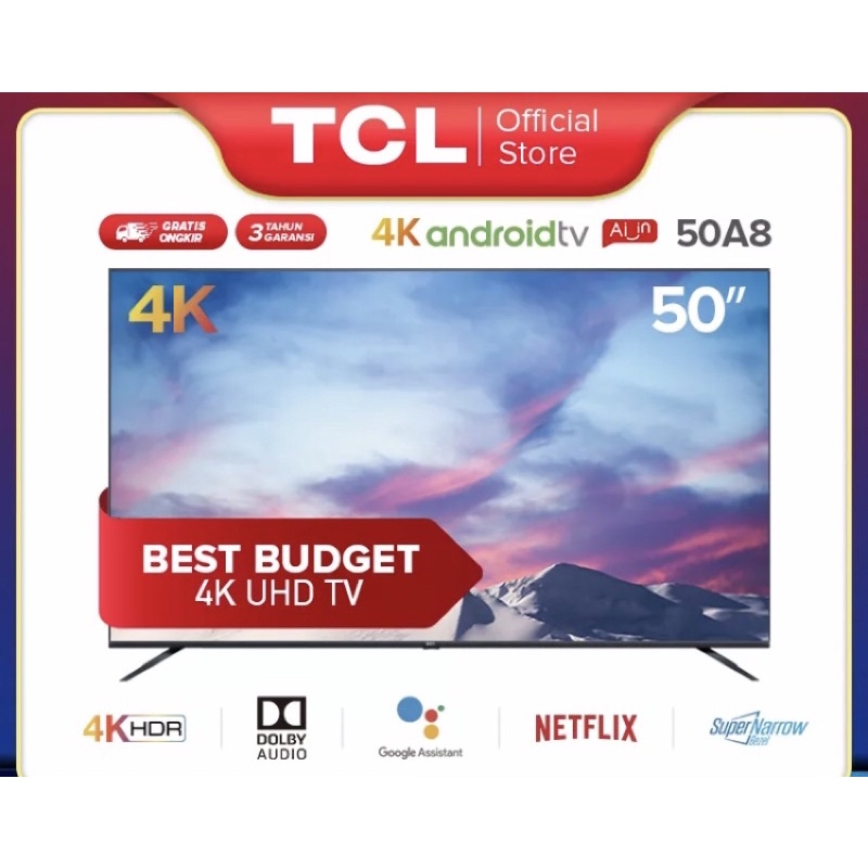TCL LED TV 50 inch 50A8 SMART ANDROID 4K UHD NETFLIX HDR - RESMI 3 THN