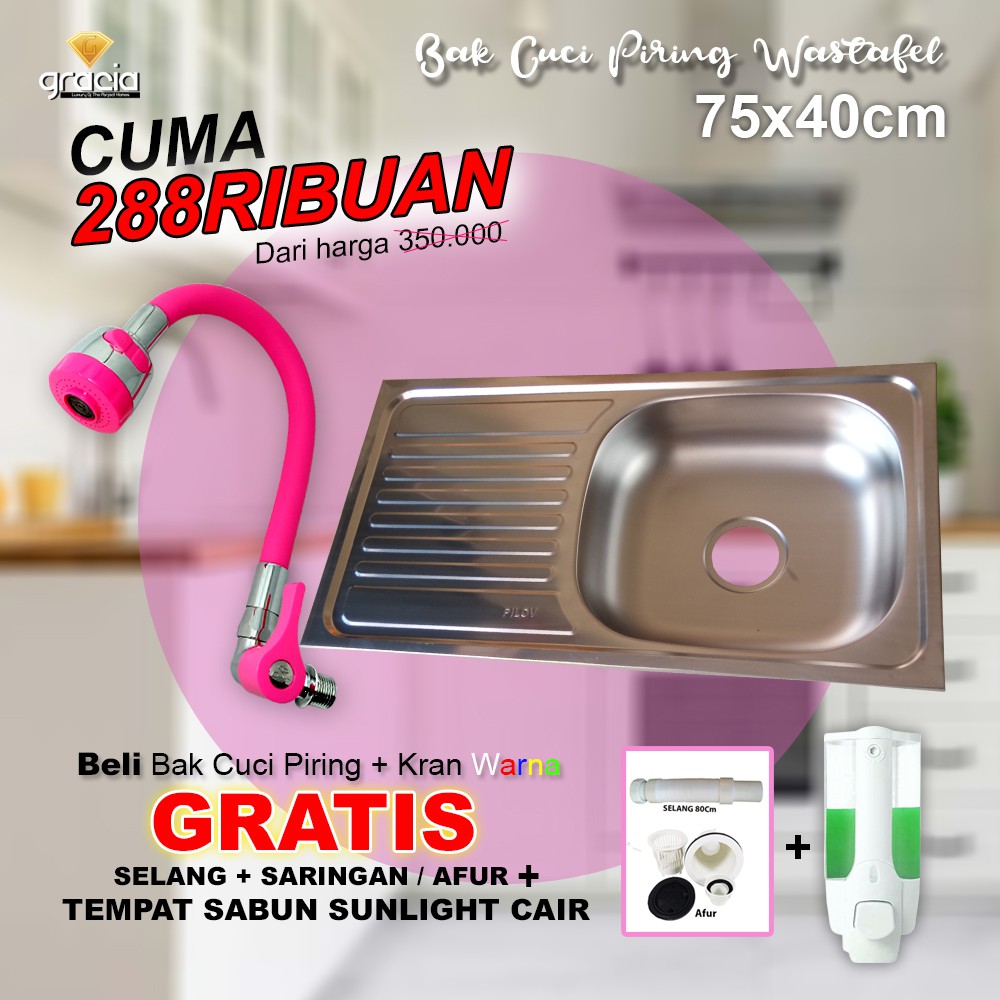 Bak Cuci Piring 75x40x14 cm / Wastafel Tempat Cuci Piring Stainless / Kitchen Sink / Sink bar &amp; Dapur GRATIS AFUR-SELANG-TEMPAT SABUN SUNLIGHT