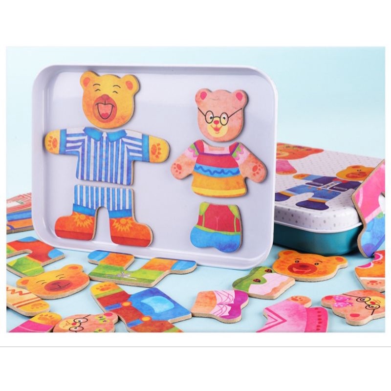 wooden bear family dress-up magnet puzzle