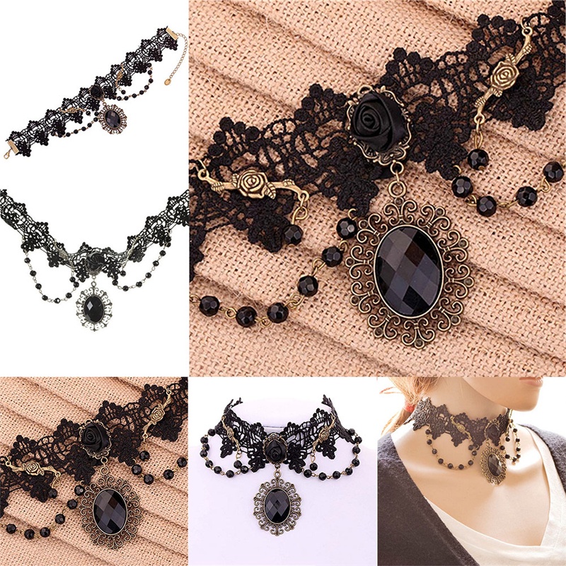 Lolita Kalung Choker Bahan Lace Motif Bunga Mawar Warna Hitam Gaya Gothic Untuk Wanita