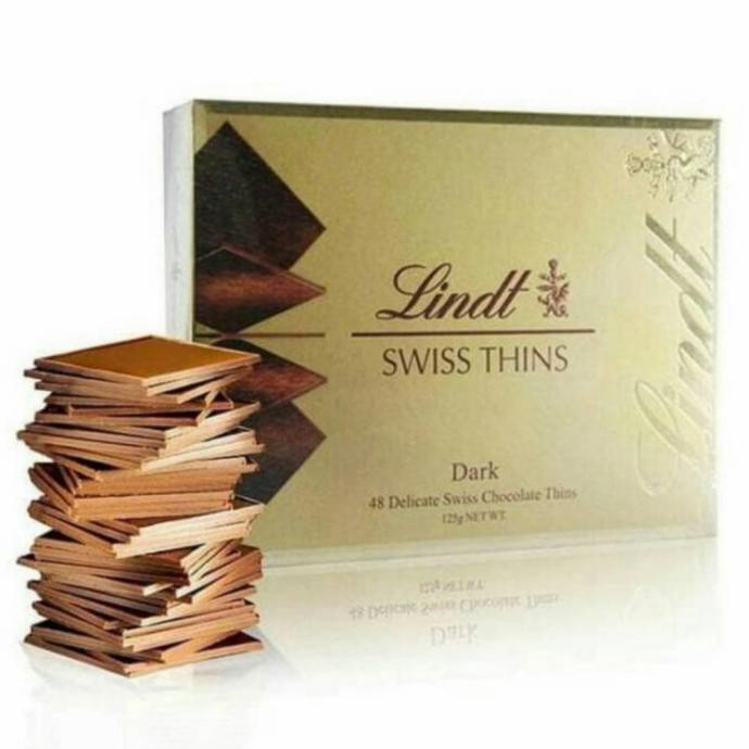 

TERLARIS LINDT SWISS THINS DARK CHOCOLATE 48 DELICATE SWISS COKLAT IMPORT