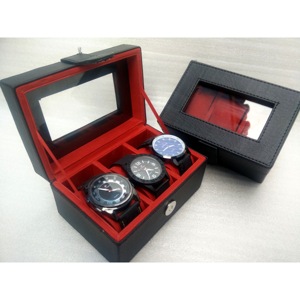 LARGE SIZE - Kotak Jam Tangan isi 3 JUMBO HITAM MERAH / Box Jam Tangan / Tempat Jam Tangan