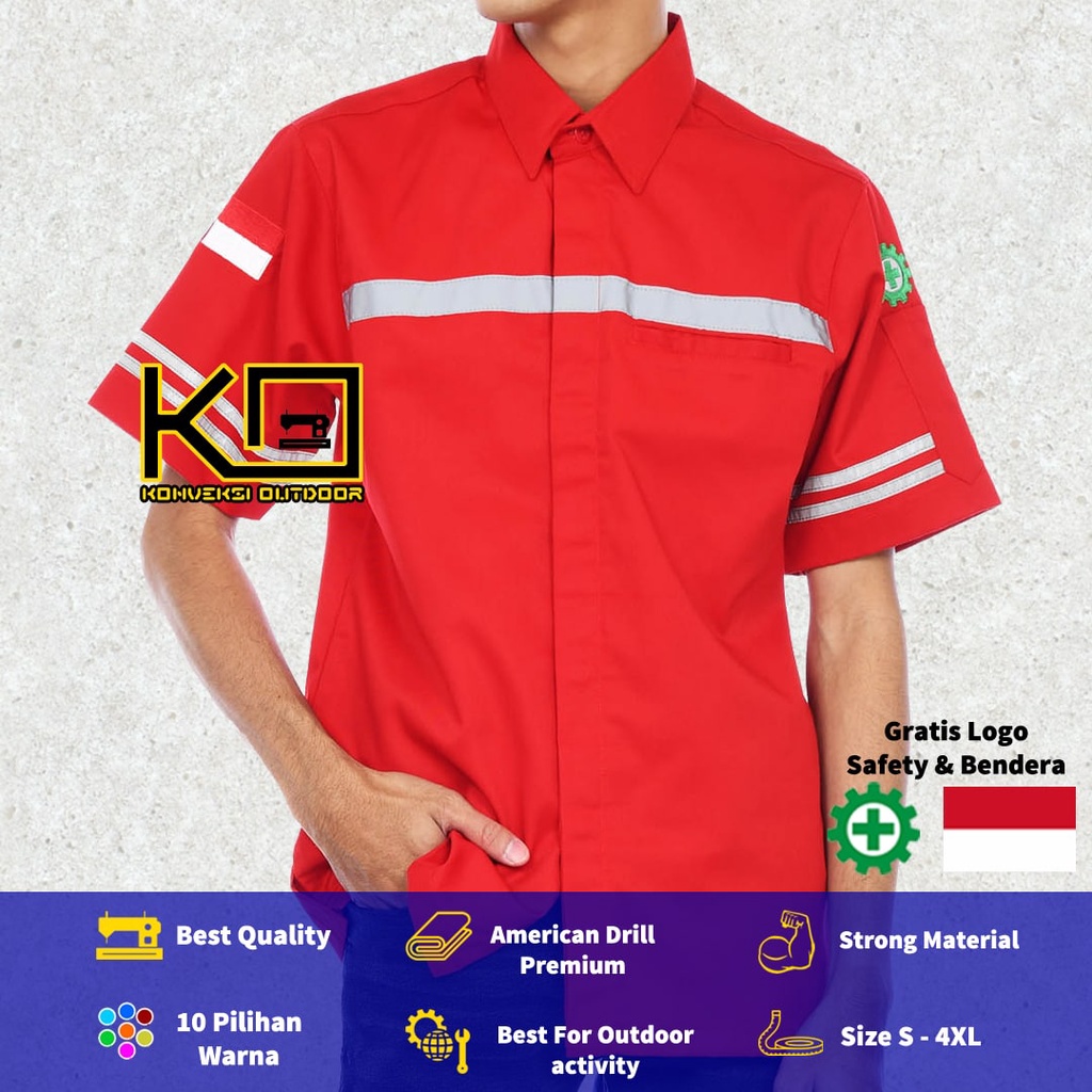 KEMEJA WEARPACK BAJU SAFETY K3 OUTDOOR INDOOR - Seragam Kemeja Kerja Lapangan Lengan Pendek Proyek Bangunan Tambang Alat Berat PLN Enginer Instalasi Mesin werpek sefti Scotlit Warna Merah Konveksi Outdoor