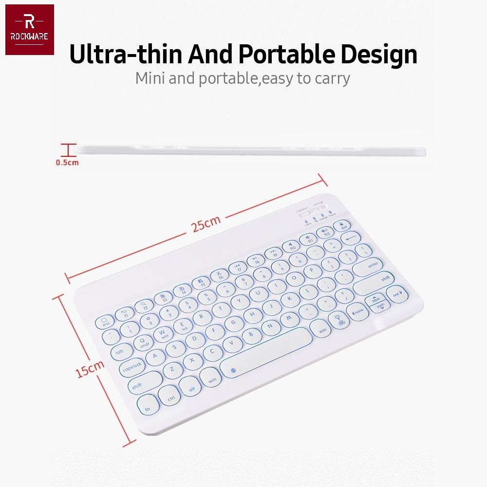 ROCKWARE RW-0301D - Universal Slim Bluetooth Backlit 7 LED Keyboard