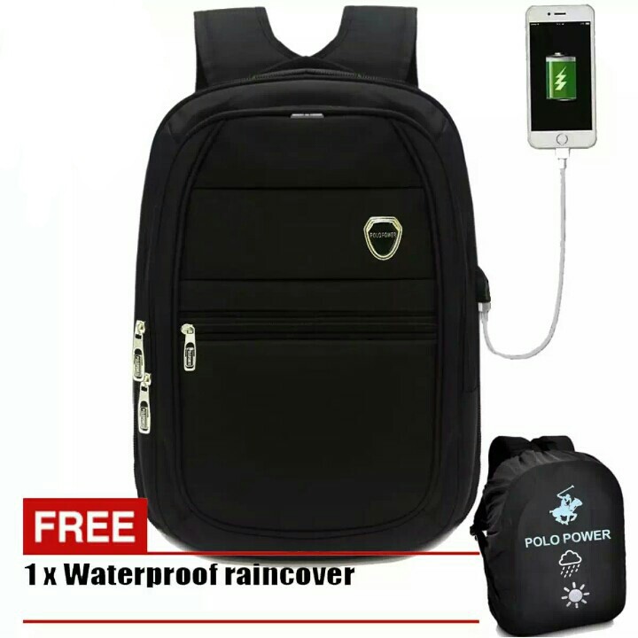 polo power tas ransel laptop pria dan wanita tas punggung import tas usb original - black