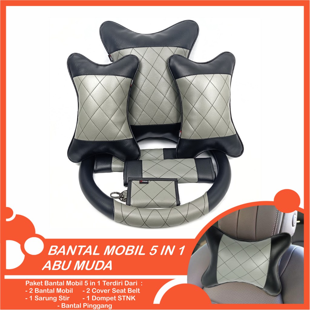 Set Bantal Mobil 5 in 1 Premium Bantal Leher Bantal Pinggang Cover Stir Seatbelt Free Dompet STNK