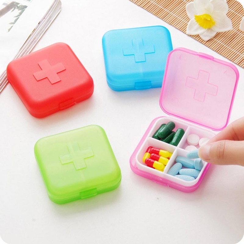 Tempat Kotak Penyimpanan Obat Mini 4 Sekat Travel - Medicine Box Portable 4 Grid