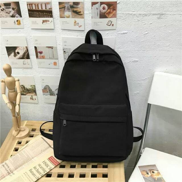 TAS RANSEL HITAM POLOS FULL BLACK SEKOLAH KERJA KULIAH TRAVEL RENANG PRIA WANITA CEWEK SANTAI MURAH