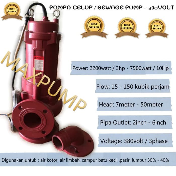 MAXPUMP 50WQ15-20-2.2D Pompa Celup Air Kotor 3phase DAN LIMBAH 2inch SUBMERSIBLE SEWAGE PUMP 3HP 380Volt 2200watt