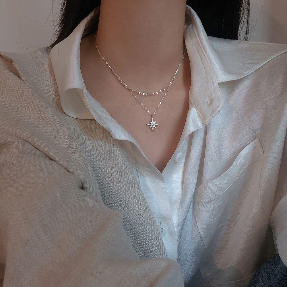 [Elegan] Kalung Rantai Korea Untuk Anak Perempuan Vintage Liontin Bulan Double Layer Kristal Leher Perhiasan