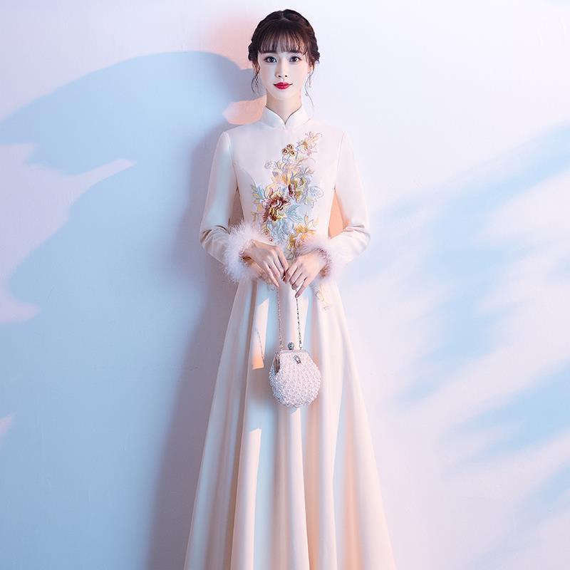 Autumn and Winter new Chinese style machine embroidery improved cheongsam long dress temperament thi