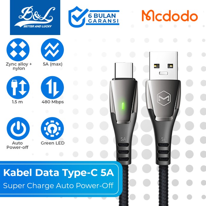MCDODO CA-679 Kabel Type-C 5A Super Charge Auto Power-Off AFC VOOC