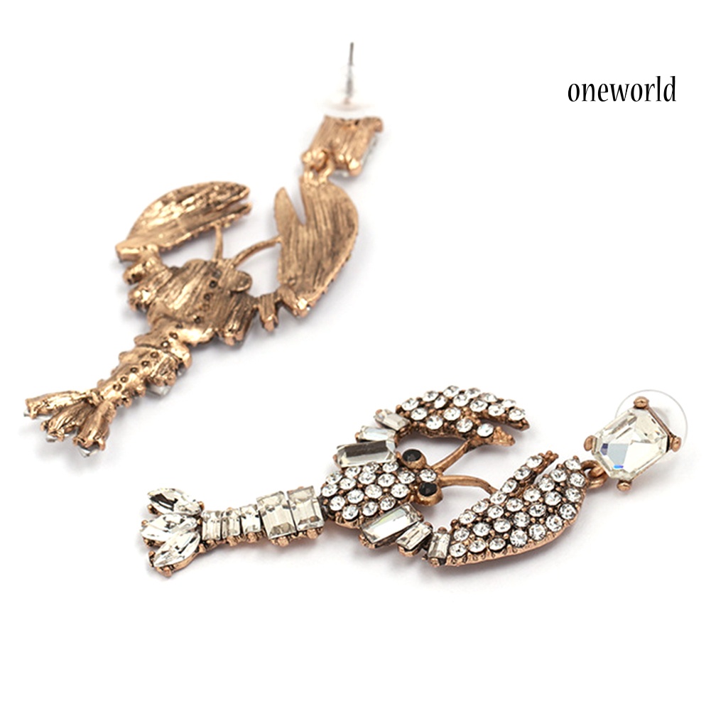 OW@ Creative Women Bling Rhinestone Inlaid Lobster Pendant Statement Stud Earrings