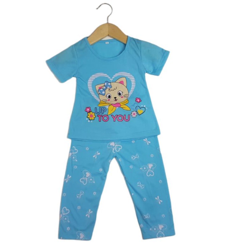 SETELAN SIKUNING PAKAIAN BAJU ANAK PEREMPUAN 2-7 TAHUN MOTIF CAT TO YOU LENGAN PENDEK CELANA PANJANG