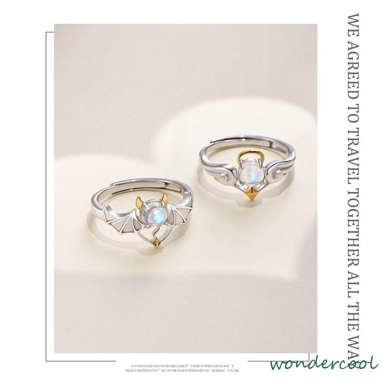 Perhiasan Cincin Pasangan Perak Biru Moonstone Malaikat Setan-Won