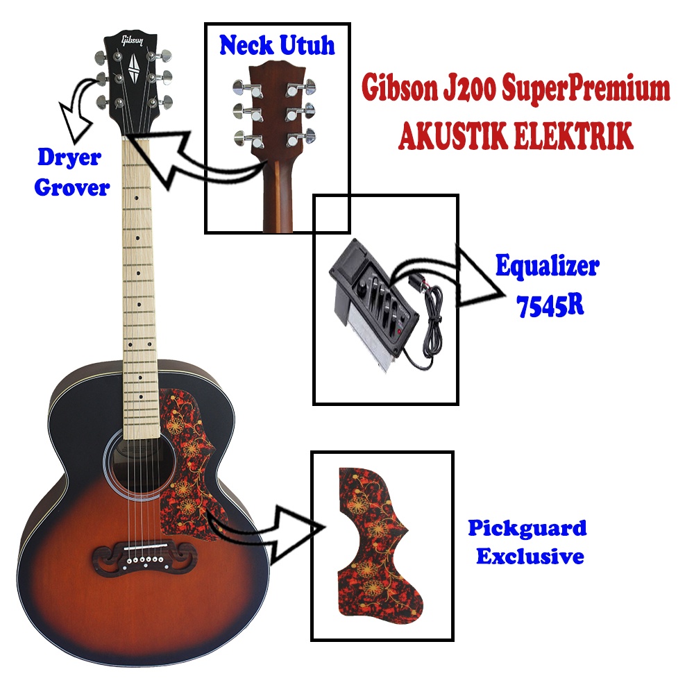 Gitar Akustik Elektrik gibson j200 Custom Free Packing Kayu