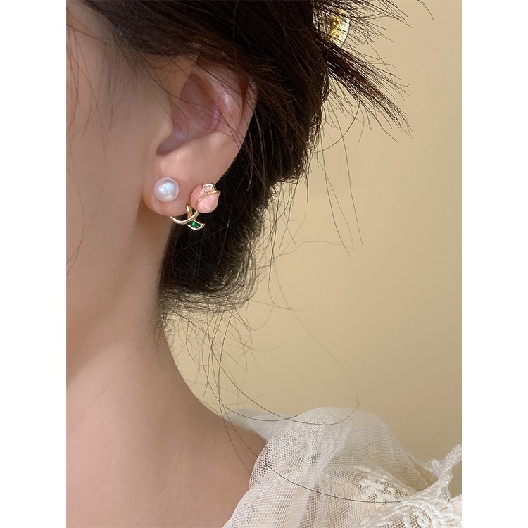 Fancyqube Anting Stud Desain Bunga Tulip Pink Aksen Mutiara Gaya Korea Untuk Wanita 2022