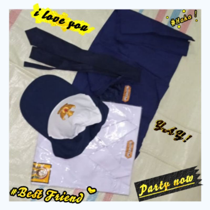 

1set seragam SMP tempahan merk MUTIARA baju pendek, celana pendek + topi dasi,