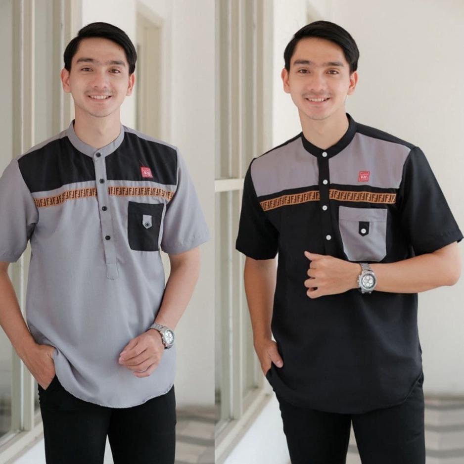 Baju koko kurta pria dewasa laki laki lengan pendek kombinasi motif FF batik santri syubanul muslimi