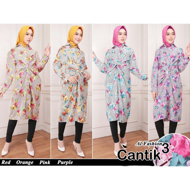 Arsy- Tunik Wanita Bahan Katun Jepang Motif Bunga - Kemeja Tunik Cantik Motif Bunga Ungu Purple Biru