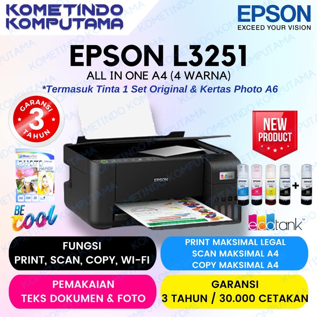 Epson EcoTank L3251 A4 Wi-Fi All-in-One Ink Tank Printer, Garansi 3 Tahun