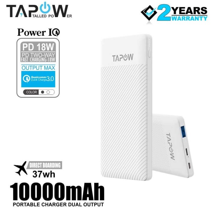 SLIM PD 18W POWER BANK 10000MAH QC 3 QUICK CHARGING TAPOW TP01WHT
