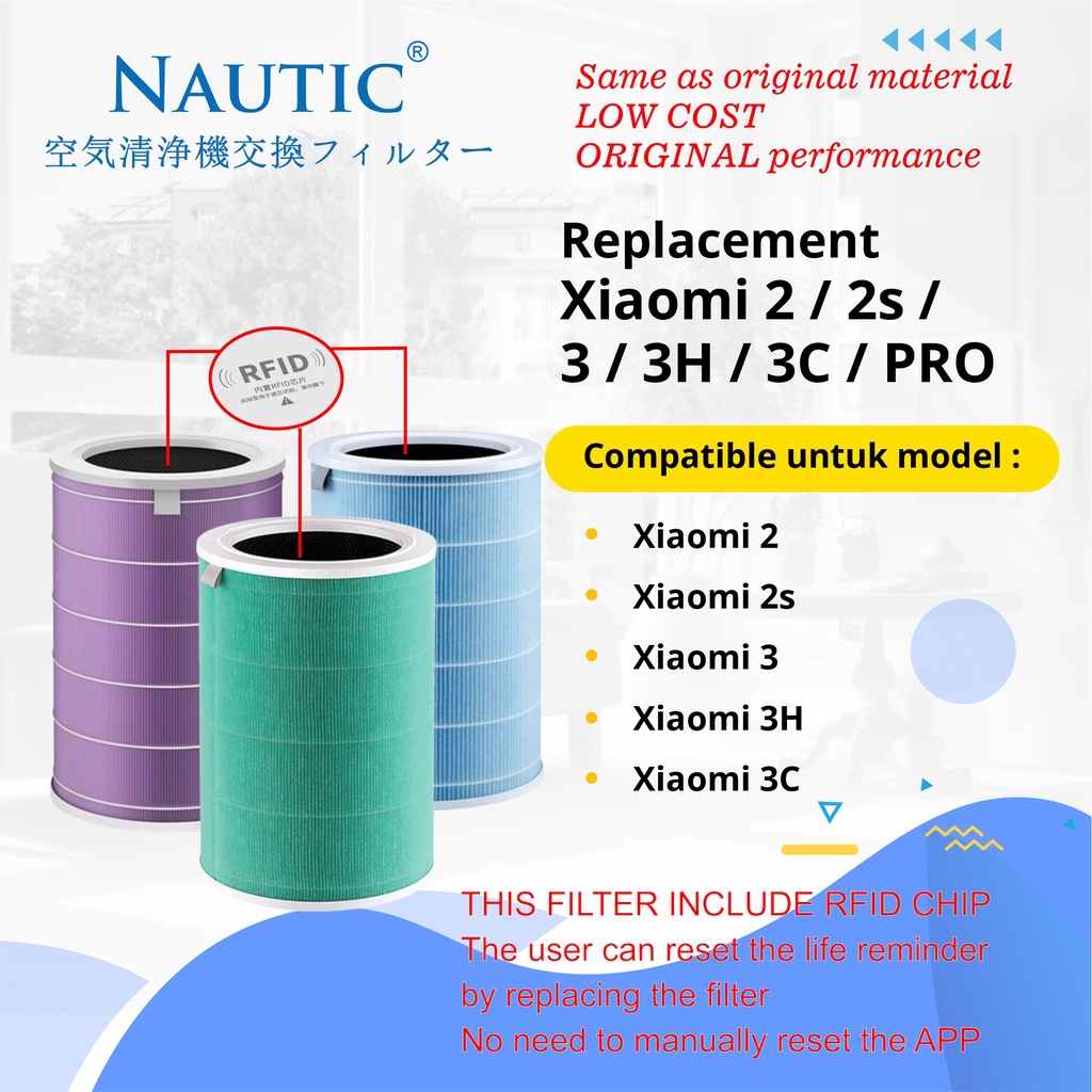 NAUTIC - Replacement Filter For Air Purifier 2&amp;3 / HEPA Filter - RFID Mi Air Purifier 2 / 2S / 2H / Pro / 3 / 3H / 3C